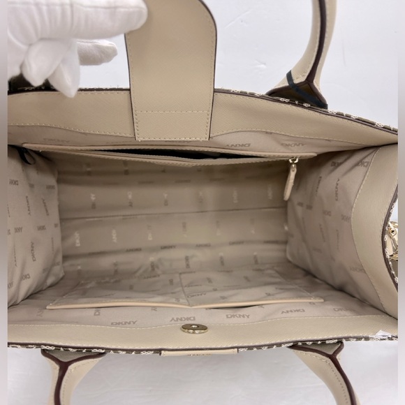 DKNY “CARLITA MD TOTE” BAG, BEIGE WITH BROWN LOGO ALL OVER WITH SHOULDER STRAP - Picture 6 of 16